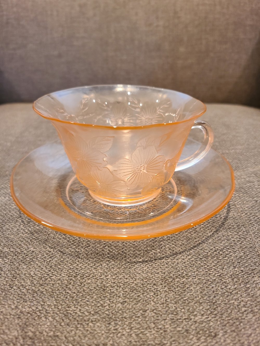 Vintage MacBeth-Evans Dogwood pink depression glass teacup and saucer set